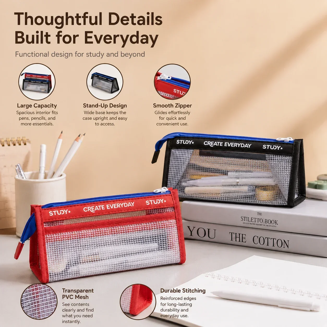 Aesthetic Large Pencil Case Pouch - Kotak Pensil Transparan, Kantong Pena Transparan